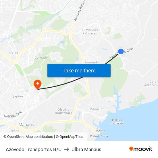 Azevedo Transportes B/C to Ulbra Manaus map