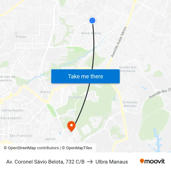 Av. Coronel Sávio Belota, 732 C/B to Ulbra Manaus map