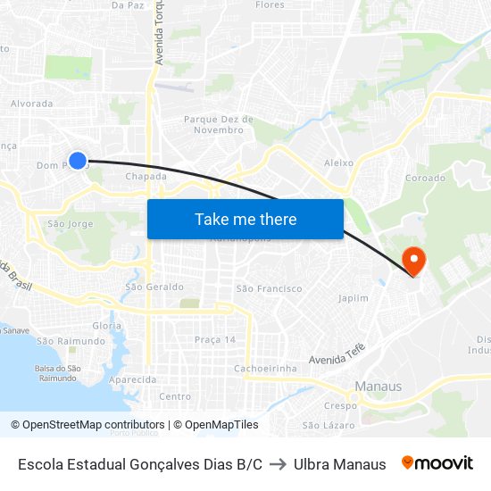 Escola Estadual Gonçalves Dias B/C to Ulbra Manaus map