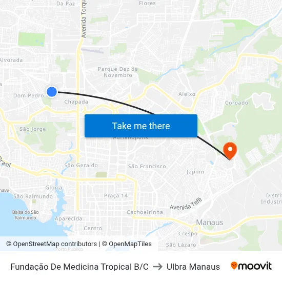 Fundação De Medicina Tropical B/C to Ulbra Manaus map