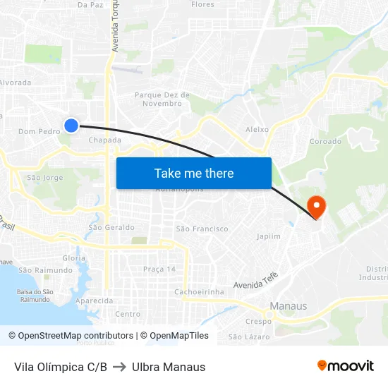 Vila Olímpica C/B to Ulbra Manaus map
