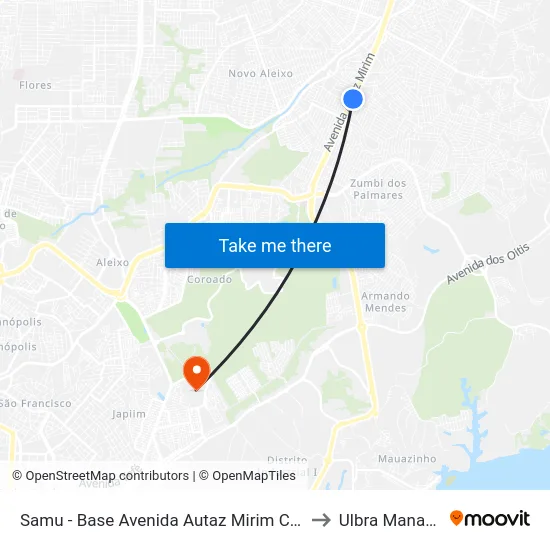 Samu - Base Avenida Autaz Mirim C/B to Ulbra Manaus map