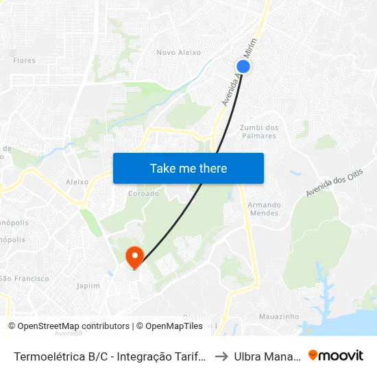 Termoelétrica B/C - Integração Tarifada to Ulbra Manaus map
