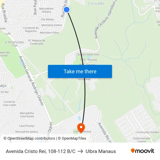 Avenida Cristo Rei, 108-112 B/C to Ulbra Manaus map