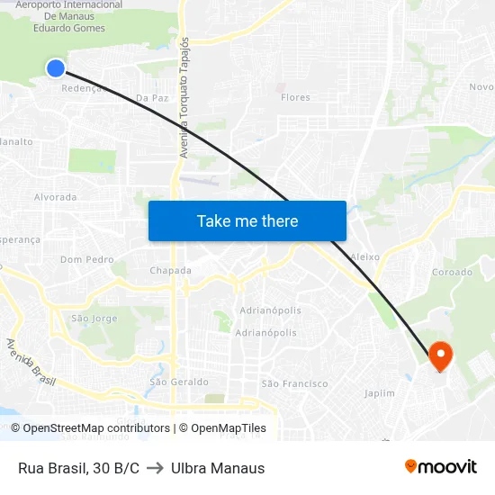 Rua Brasil, 30 B/C to Ulbra Manaus map