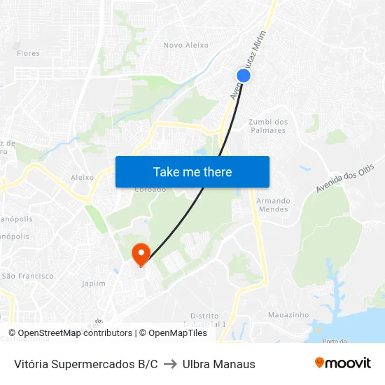 Vitória Supermercados B/C to Ulbra Manaus map