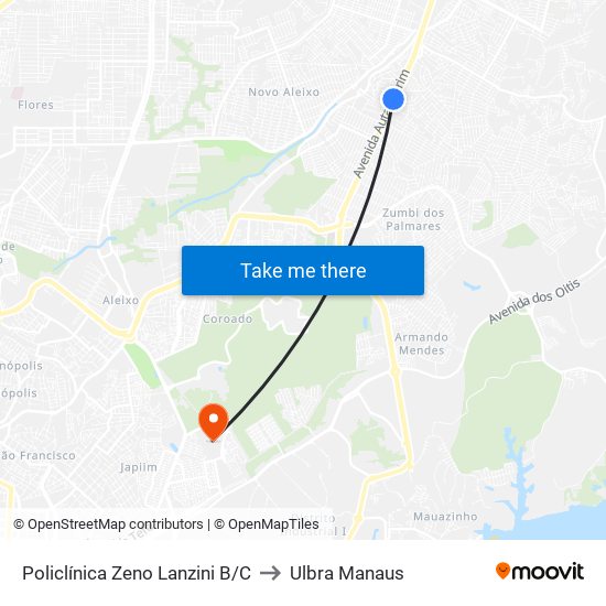 Policlínica Zeno Lanzini B/C to Ulbra Manaus map