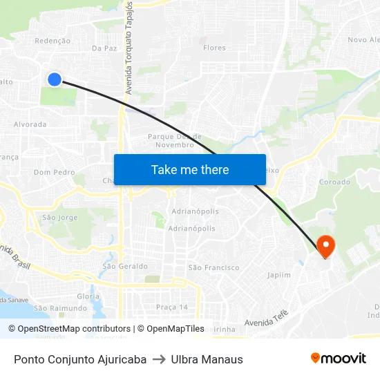 Ponto Conjunto Ajuricaba to Ulbra Manaus map