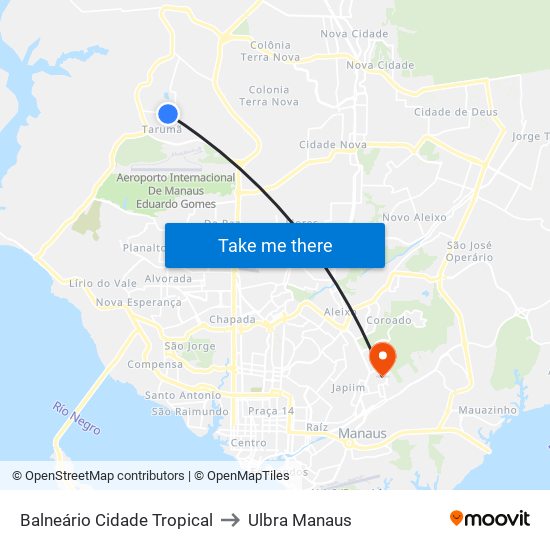 Balneário Cidade Tropical to Ulbra Manaus map