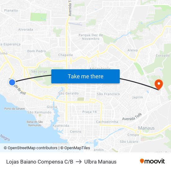 Lojas Baiano Compensa C/B to Ulbra Manaus map