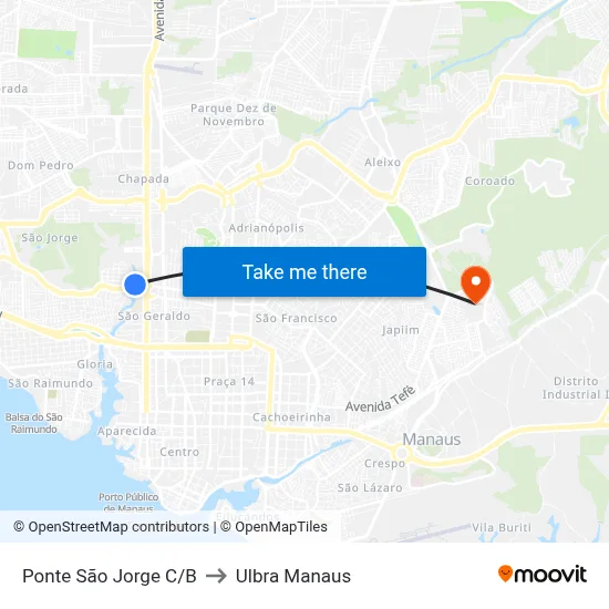 Ponte São Jorge C/B to Ulbra Manaus map