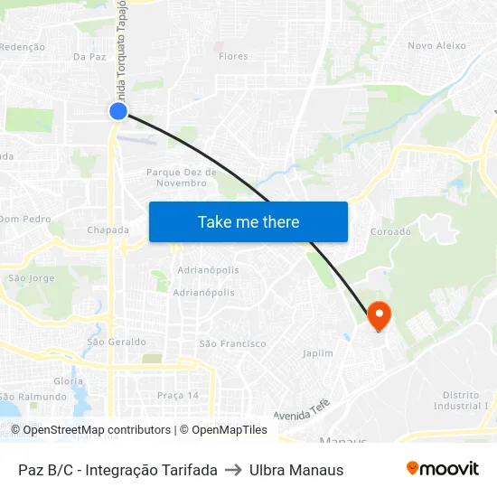 Paz B/C - Integração Tarifada to Ulbra Manaus map