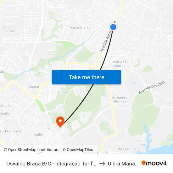 Osvaldo Braga B/C - Integração Tarifada to Ulbra Manaus map
