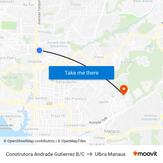 Construtora Andrade Gutierrez B/C to Ulbra Manaus map