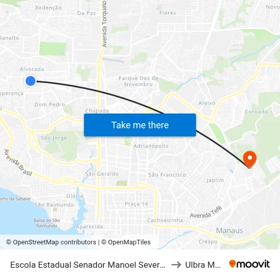 Escola Estadual Senador Manoel Severiano Nunes B/C to Ulbra Manaus map