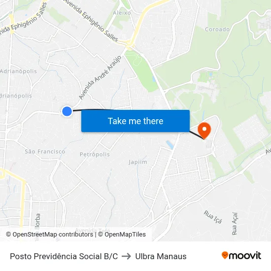 Posto Previdência Social B/C to Ulbra Manaus map