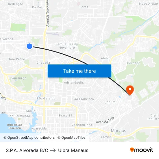 S.P.A. Alvorada B/C to Ulbra Manaus map
