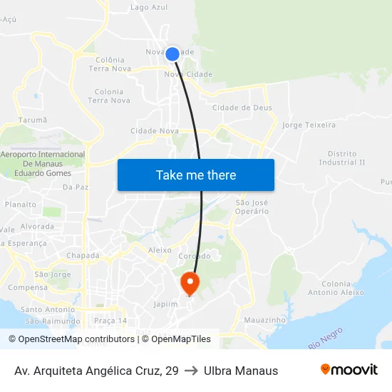 Av. Arquiteta Angélica Cruz, 29 to Ulbra Manaus map