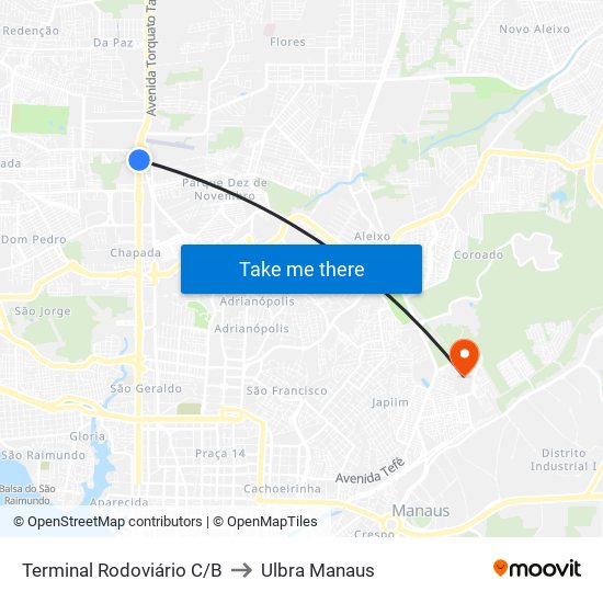 Terminal Rodoviário C/B to Ulbra Manaus map