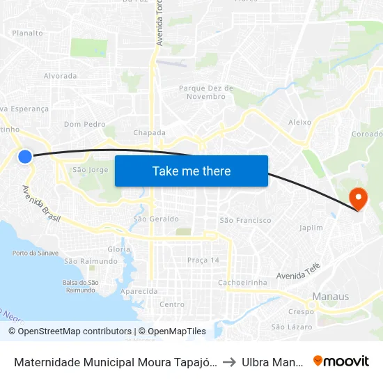 Maternidade Municipal Moura Tapajóz B/C to Ulbra Manaus map