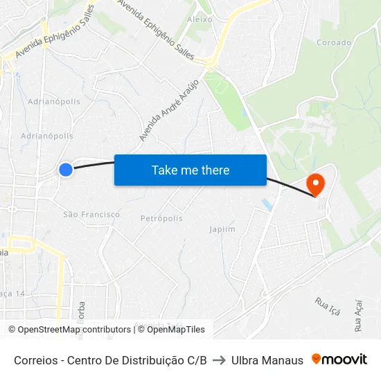 Correios - Centro De Distribuição C/B to Ulbra Manaus map