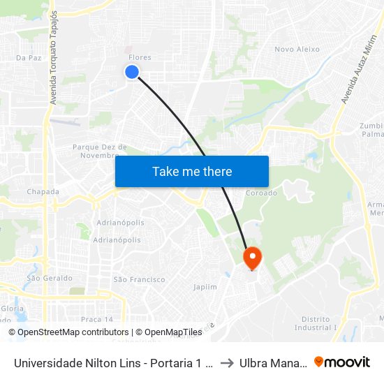 Universidade Nilton Lins - Portaria 1 C/B to Ulbra Manaus map