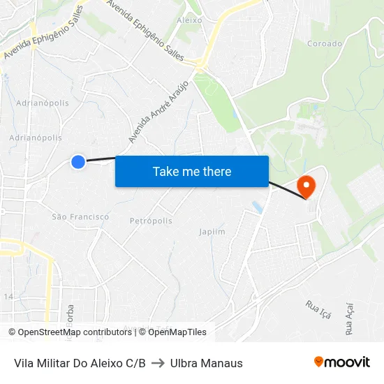 Vila Militar Do Aleixo C/B to Ulbra Manaus map