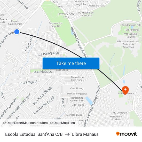Escola Estadual Sant'Ana C/B to Ulbra Manaus map