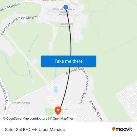Setor Sul B/C to Ulbra Manaus map