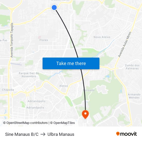Sine Manaus B/C to Ulbra Manaus map