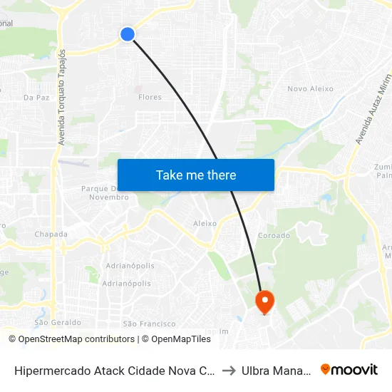 Hipermercado Atack Cidade Nova C/B to Ulbra Manaus map