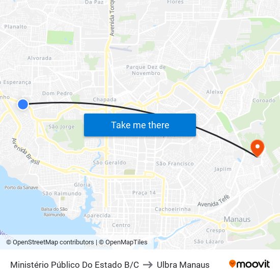 Ministério Público Do Estado B/C to Ulbra Manaus map