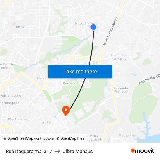 Rua Itaquaraima, 317 to Ulbra Manaus map