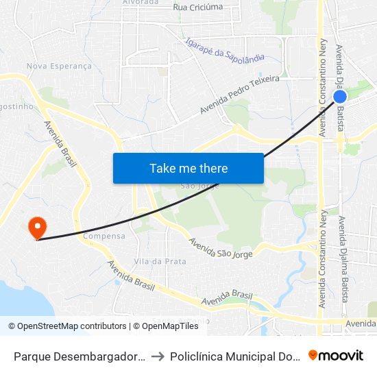 Parque Desembargador David Antônio C/B to Policlínica Municipal Doutor Djalma Batista map