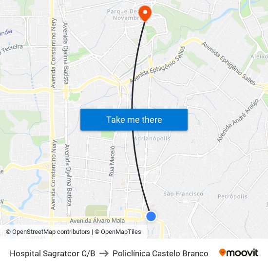 Hospital Sagratcor C/B to Policlínica Castelo Branco map