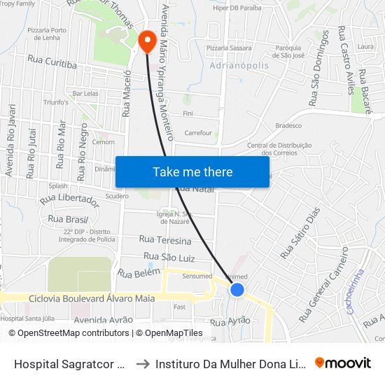 Hospital Sagratcor C/B to Instituro Da Mulher Dona Lindu map