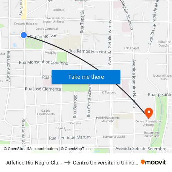 Atlético Rio Negro Clube to Centro Universitário Uninorte map