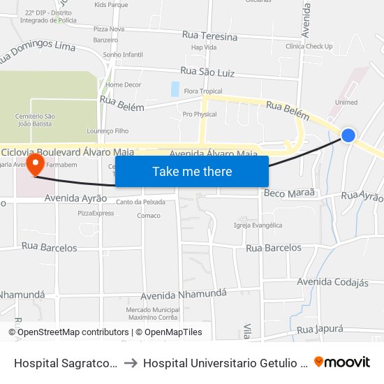 Hospital Sagratcor C/B to Hospital Universitario Getulio Vargas map