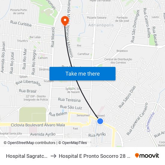 Hospital Sagratcor C/B to Hospital E Pronto Socorro 28 De Agosto map