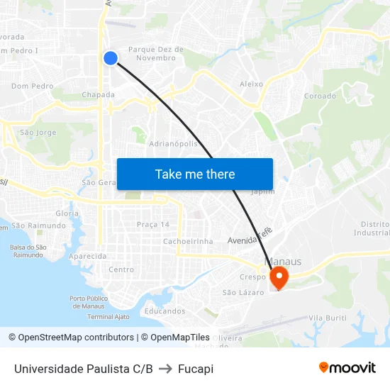 Universidade Paulista C/B to Fucapi map