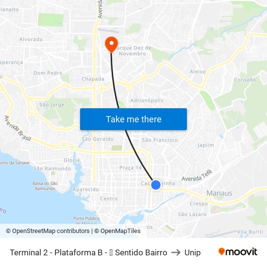 Terminal 2 - Plataforma B - ➏ Sentido Bairro to Unip map