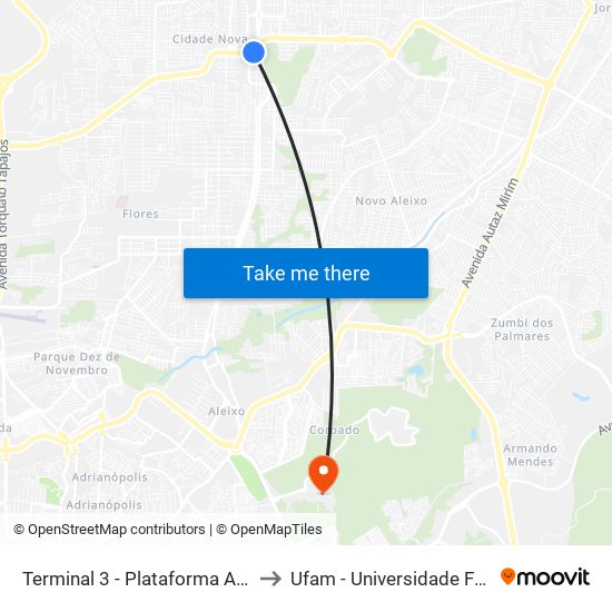 Terminal 3 - Plataforma A - ➍ Sentido Zona Oeste to Ufam - Universidade Federal Do Amazonas map