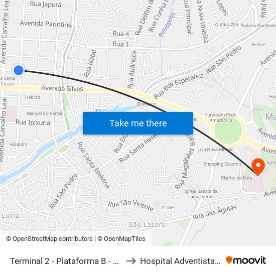 Terminal 2 - Plataforma B - ➏ Sentido Bairro to Hospital Adventista De Manaus map