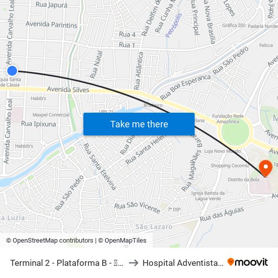 Terminal 2 - Plataforma B - ➓ Sentido Distrito to Hospital Adventista De Manaus map