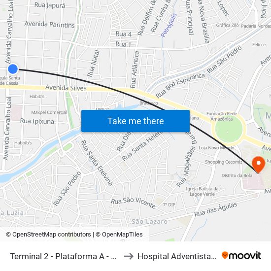 Terminal 2 - Plataforma A - ➋ Sentido Bairro to Hospital Adventista De Manaus map