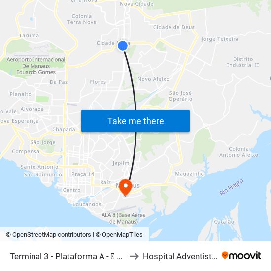 Terminal 3 - Plataforma A - ➍ Sentido Zona Oeste to Hospital Adventista De Manaus map