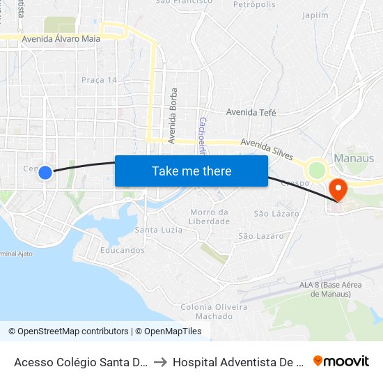Acesso Colégio Santa Dorotéia to Hospital Adventista De Manaus map