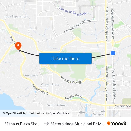 Manaus Plaza Shopping C/B to Maternidade Municipal Dr Moura Tapajoz map