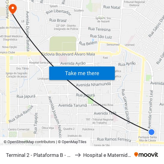 Terminal 2 - Plataforma B - ➓ Sentido Distrito to Hospital e Maternidade UNIMED map