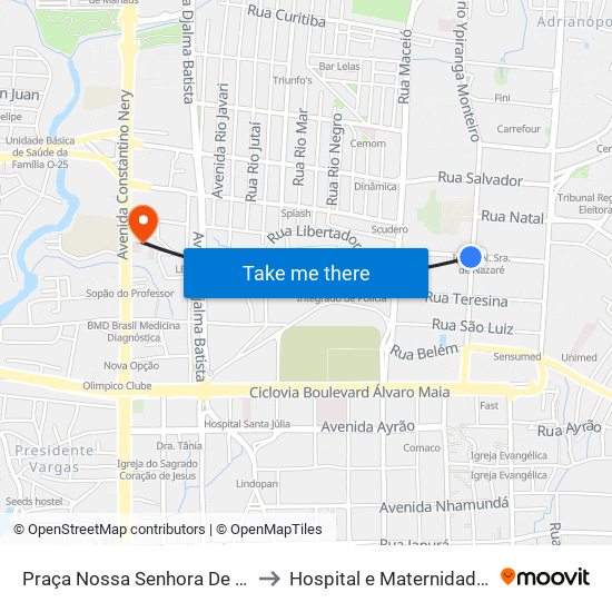 Praça Nossa Senhora De Nazaré B/C to Hospital e Maternidade UNIMED map